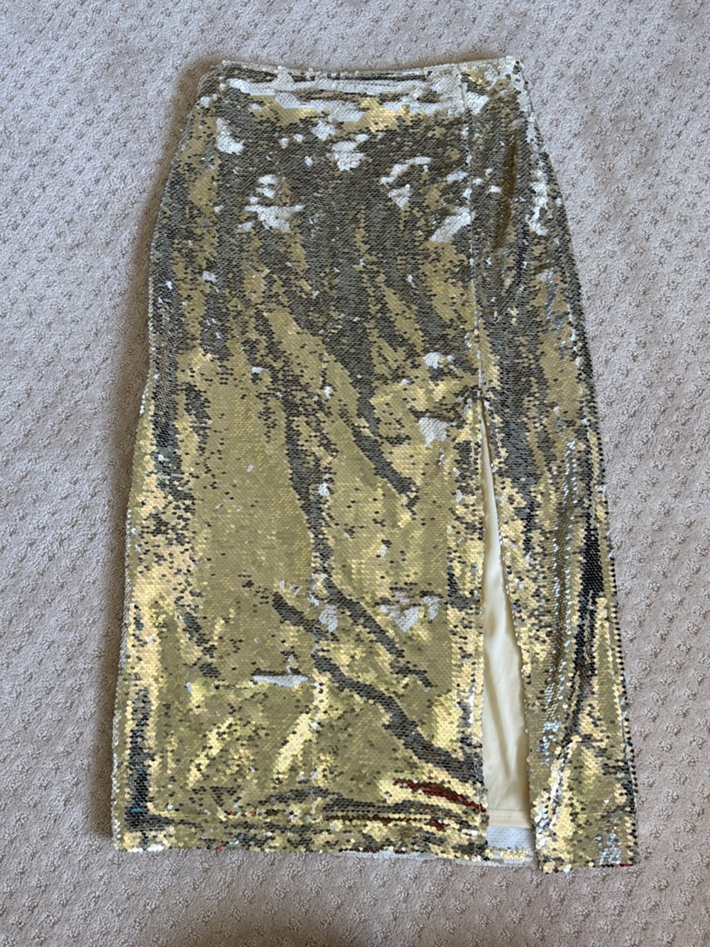 blu pepper champagne & Gold Sequin Midi Skirt with Front Slit